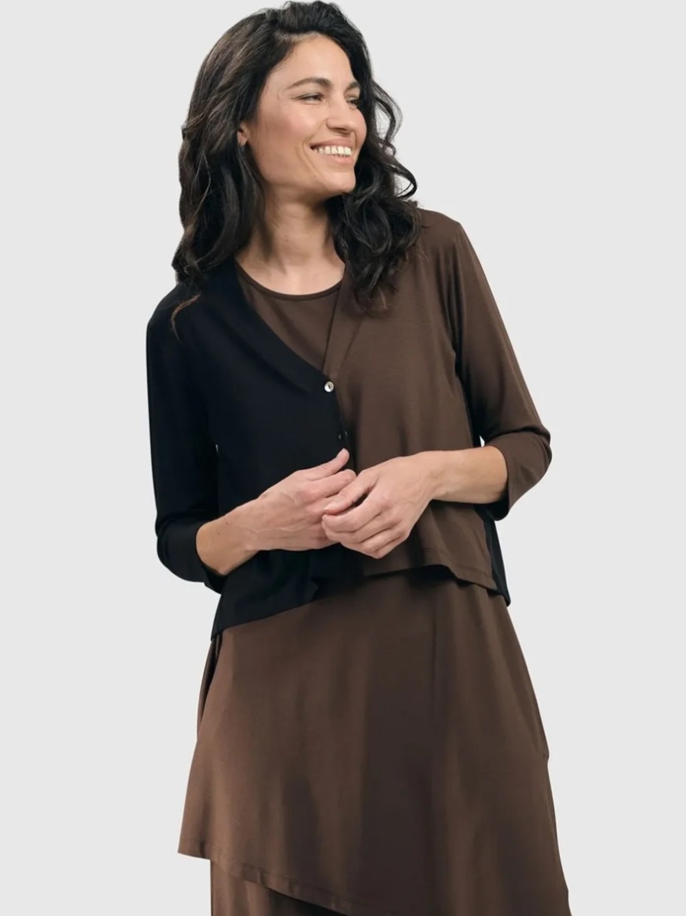 Alembika Essential 2-Tone Crop Cardigan Size 5 US 14-16 Coffee Brown Black NWT